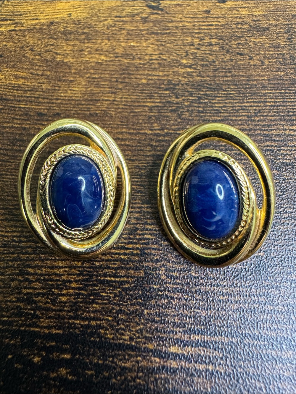 Monet Gold Plated Earrings with Deep Blue Marbled Oval Cabochons - Post Back
